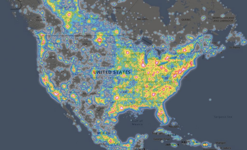 Light pollution map of the United States
