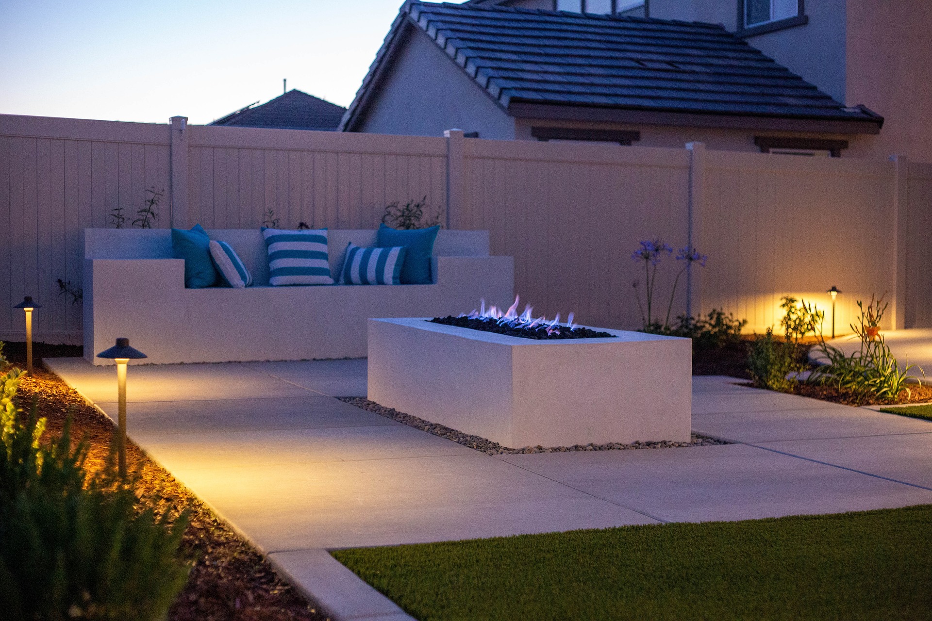 outdoor patio with low landscape lighting