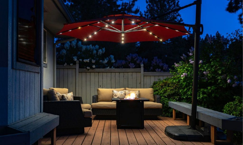 outdoor seating area, outdoor living space lighting ideas