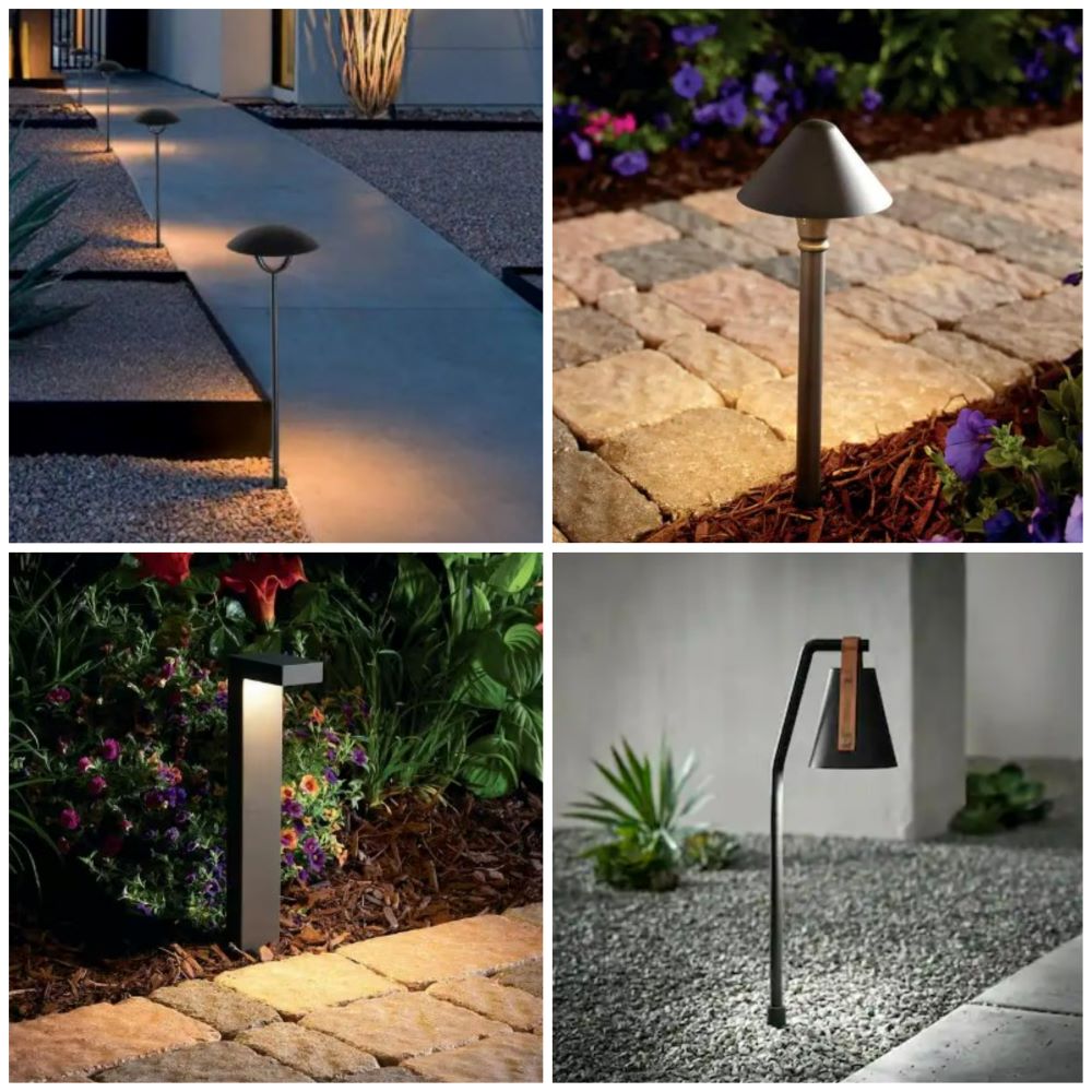 Four styles of wired pathway lights that can be used along a backyard fence