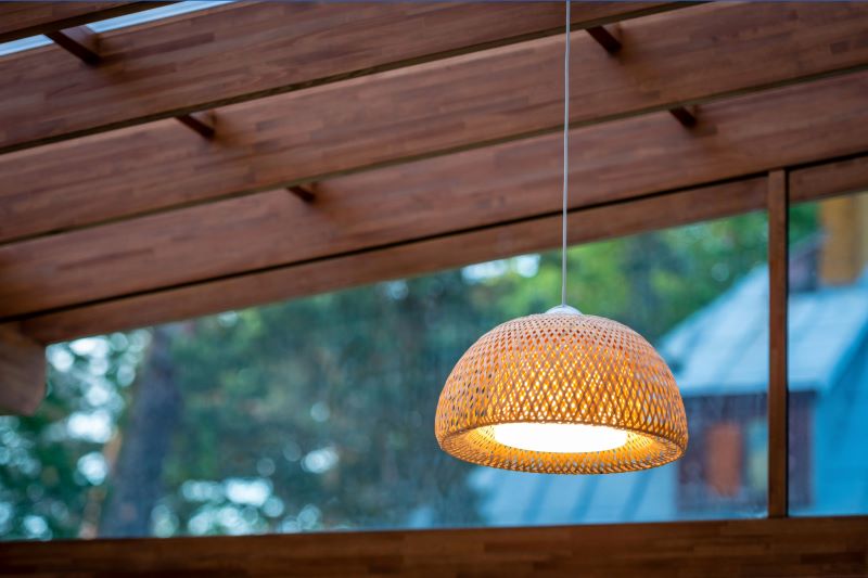 outdoor pendant light hanging from wooden ceiling