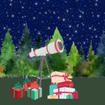 telescope with presents in field with trees and starry sky